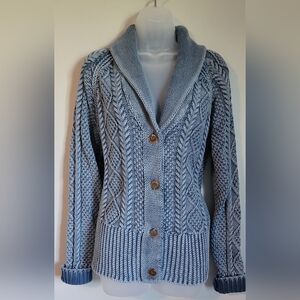 VTG L.L. Bean Women's Cotton fishermans knit sweater button up pale blue size LG